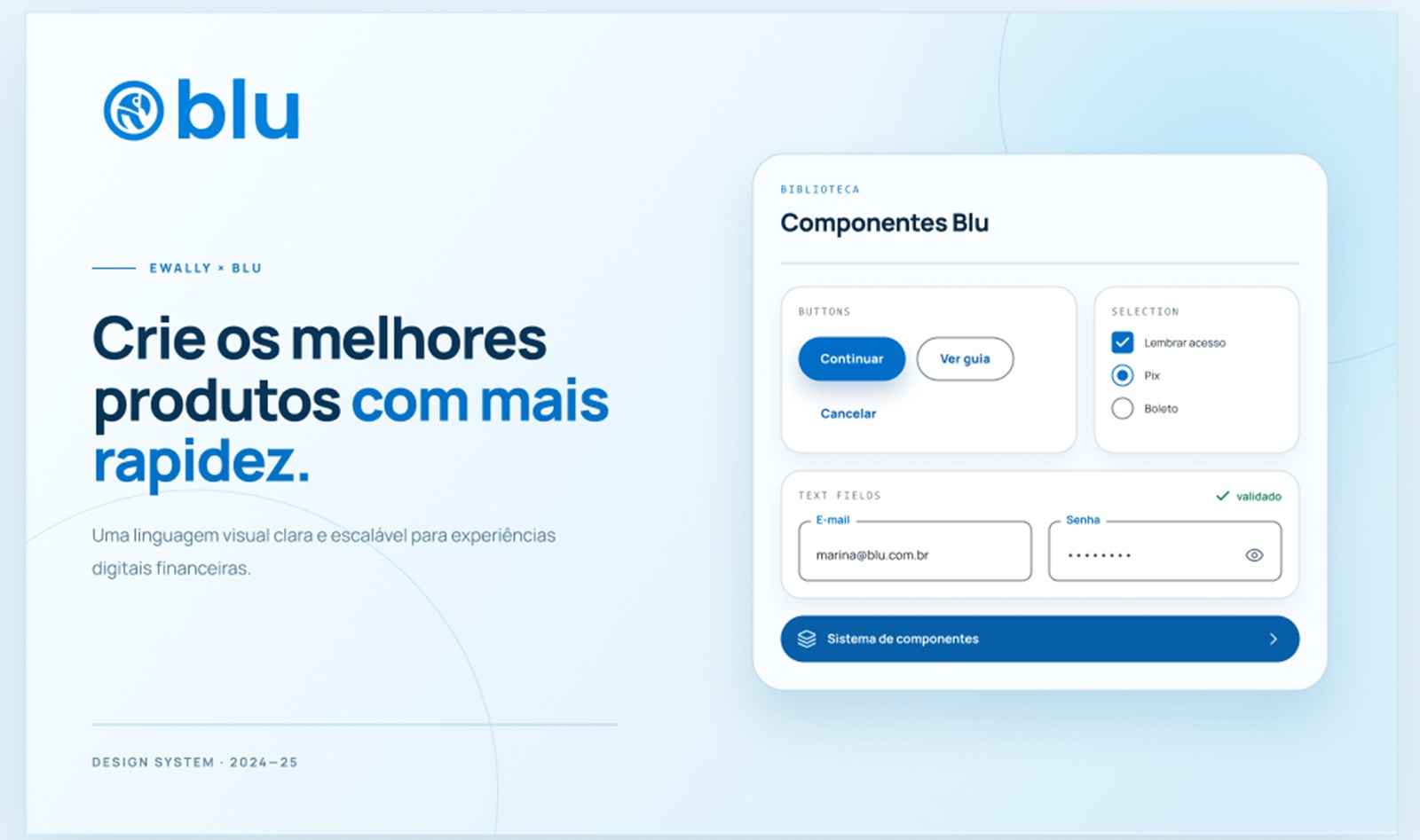Capa do Blu, o Design System da Ewally: logo, biblioteca de componentes com botões, seleção e campos de texto