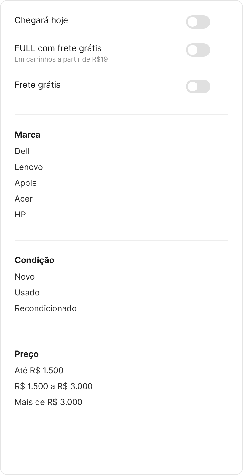 Painel de filtros do Mercado Livre hoje, sem o filtro de avaliação