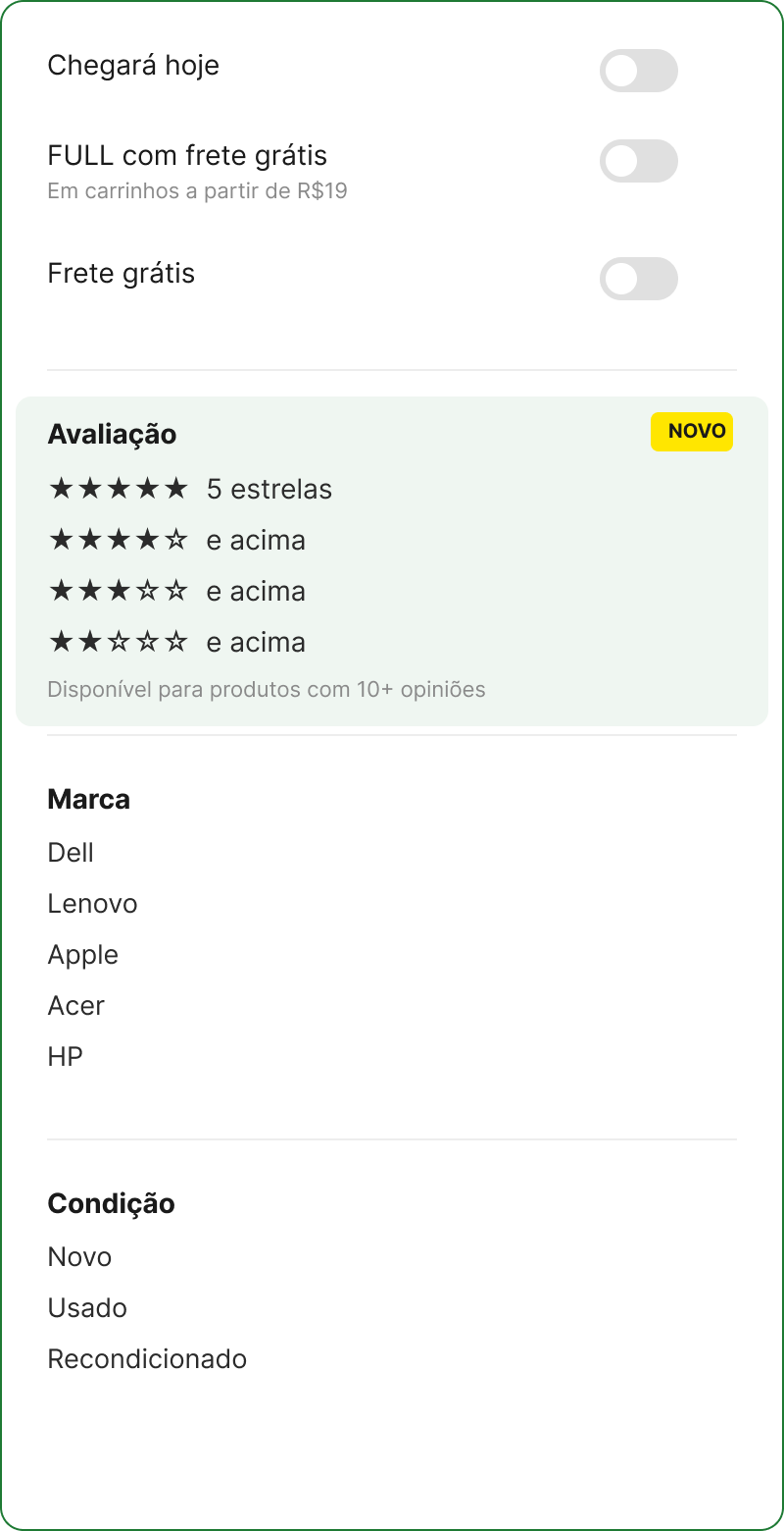 Proposta do painel de filtros com o novo grupo de avaliação por estrelas