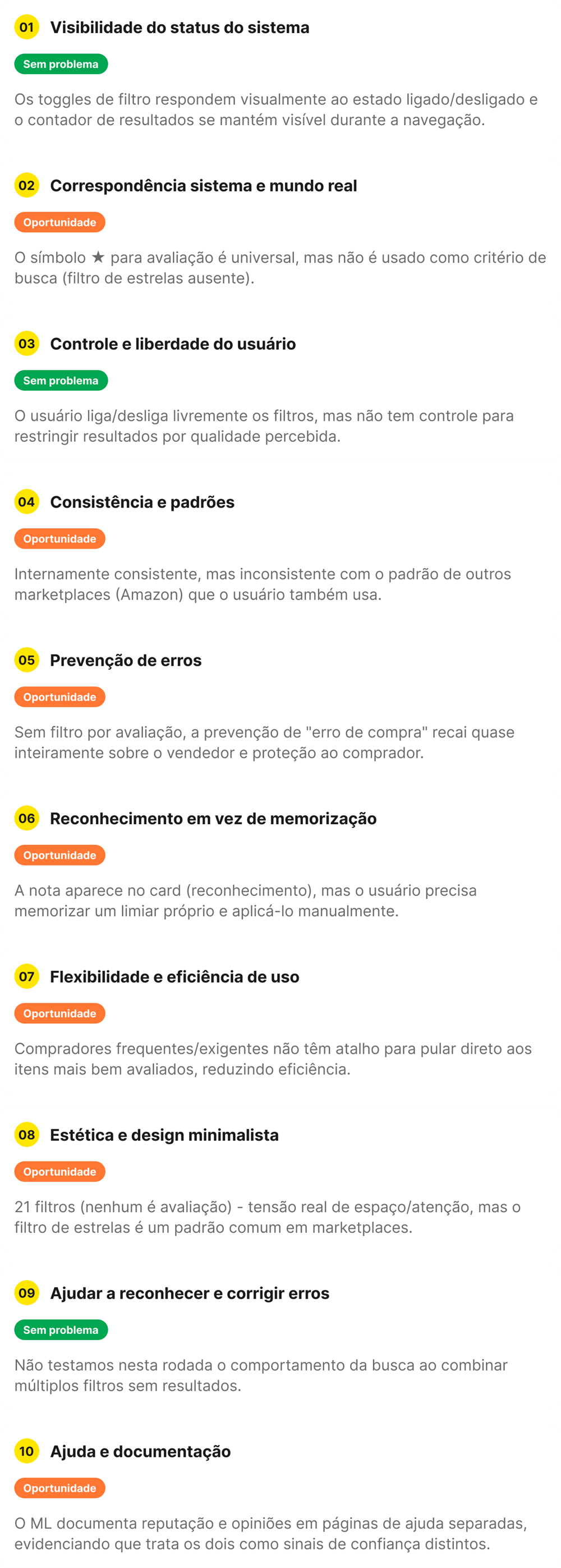As 10 heurísticas de Nielsen aplicadas ao fluxo de busca e filtros do Mercado Livre